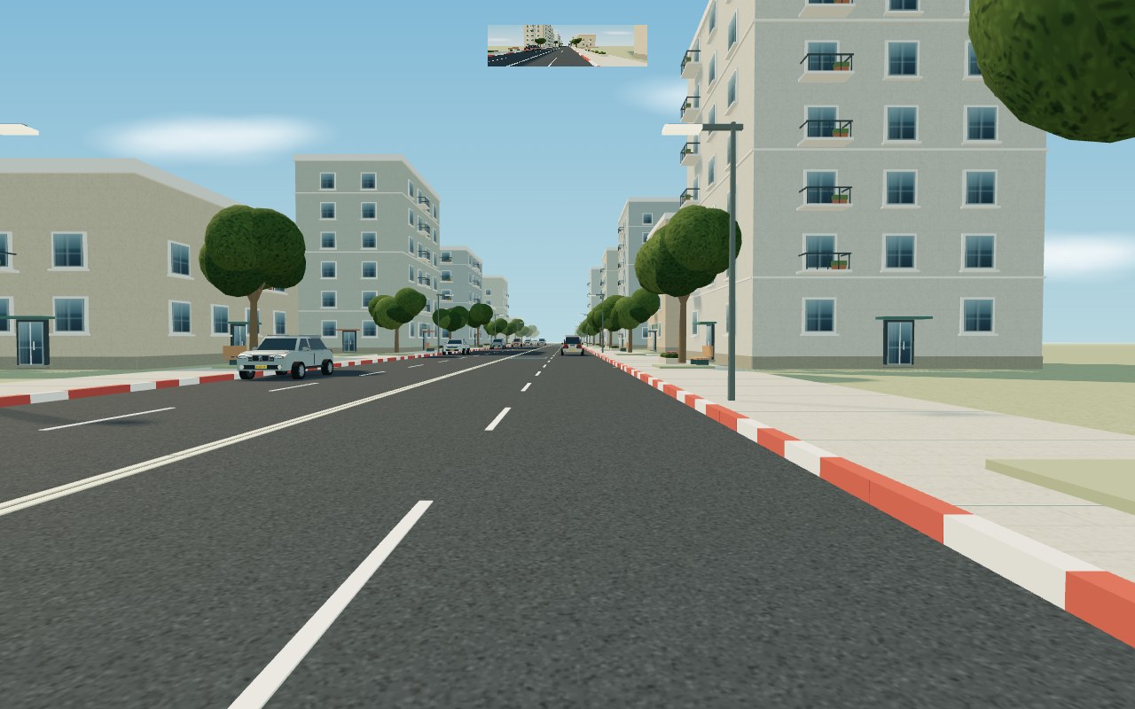 מבט ממושב הנהג לאורך כביש עירוני בסימולטור הנהיגה